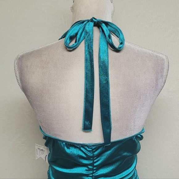 Deadstock Vintage Charlotte Russe Teal Satin Brooch Shark Bite Hem Halter Dress - Picture 10 of 14